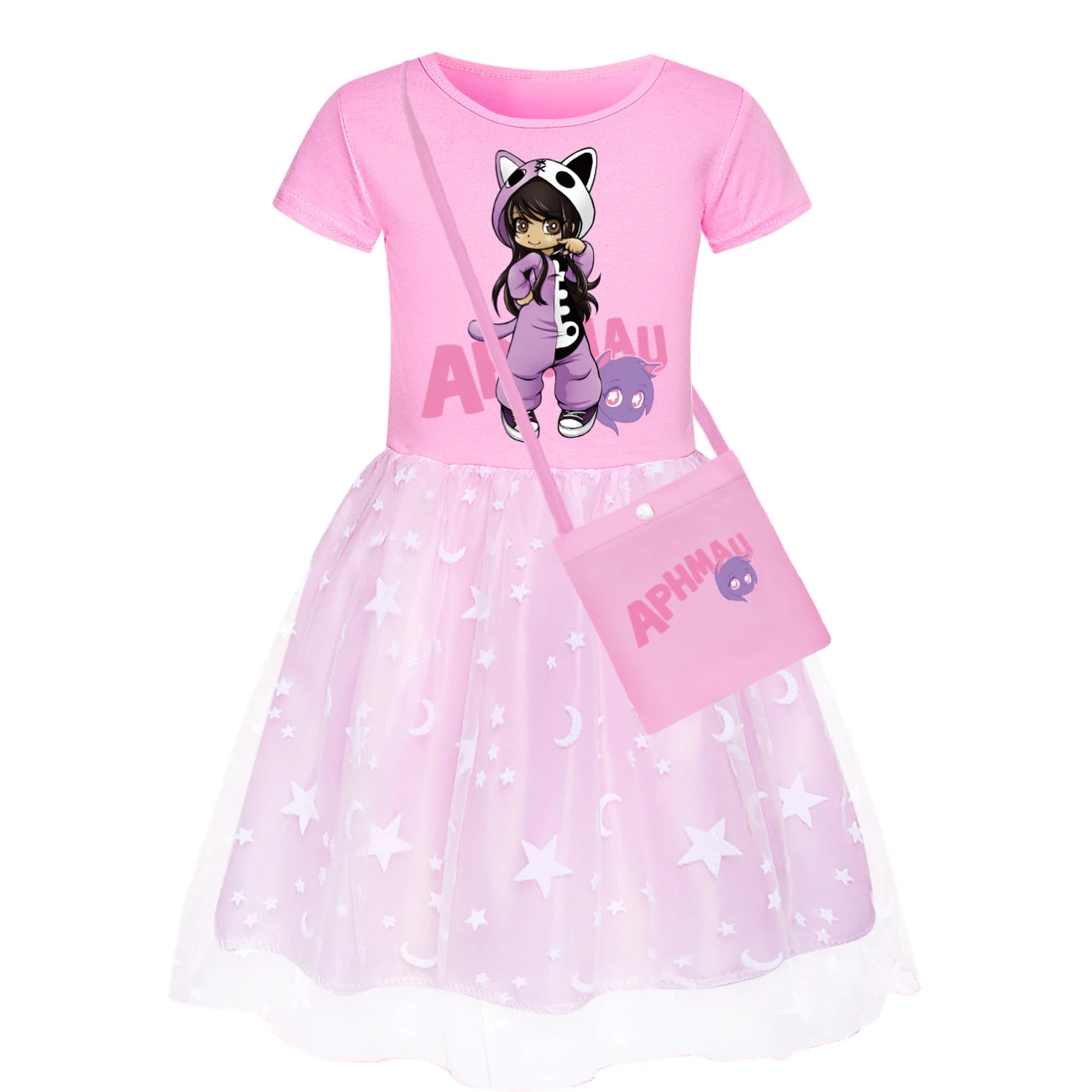 Anime Aphmau Dress Kids Cute Short Sleeve Clothes for Baby Girls Kawaii Casual Dresses&small Bag Children Summer Holiday Outfits