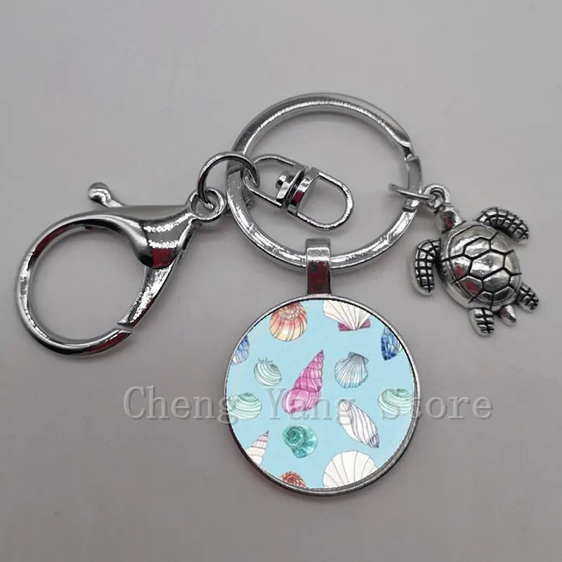 Marine life jewelry turtle dolphin shell keychain key ring glass convex round keychain charm turtle pendant Christmas gift