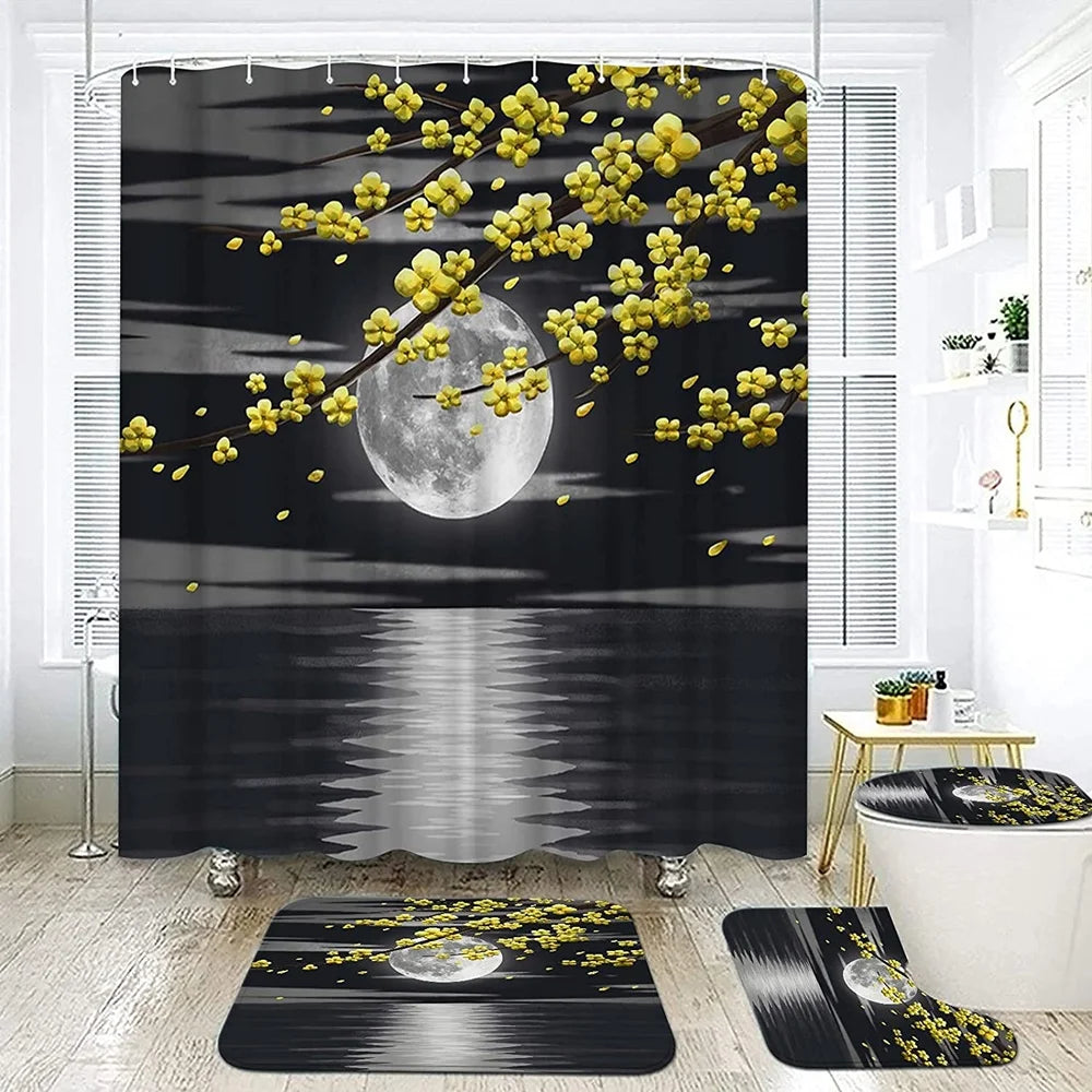 Japanese Cherry Blossom Shower Curtain Set Non-Slip Rug Toilet Lid Cover Bath Mat Spring Sakura Flower Pastoral Bathroom Curtain