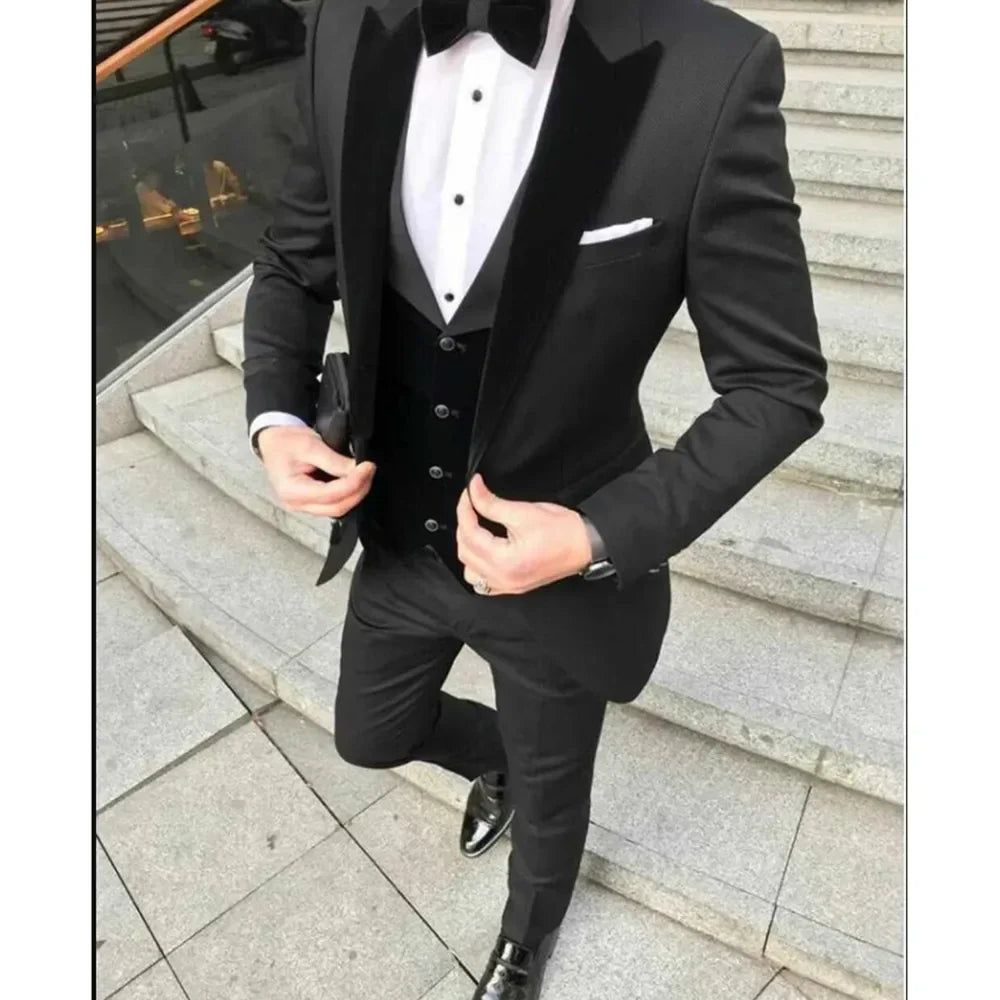 Suits For Men Steampunk Black Three Piece Formal Occasion Regular Length Costume Blazer Jacket Pants Vest Elegant Slim Fit 2023