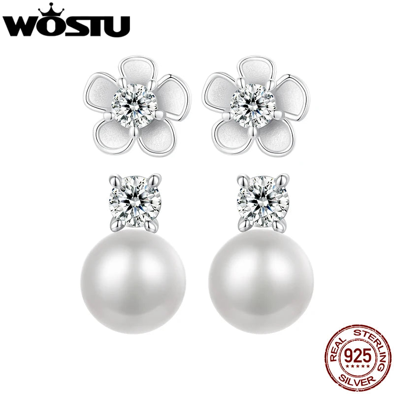 WOSTU 925 Sterling Silver 0.1 CT moissanite Sakura blossoms Flower Stud earrings Pearl Drop earrings Moissanite Wedding jewelry
