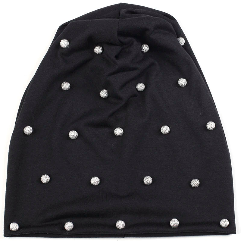 Geebro Women Spring Autumn Warm Soft Beanies Cotton Solid Color Fashion Skullies Hats With Silver Beads Accessories Caps Bonnet