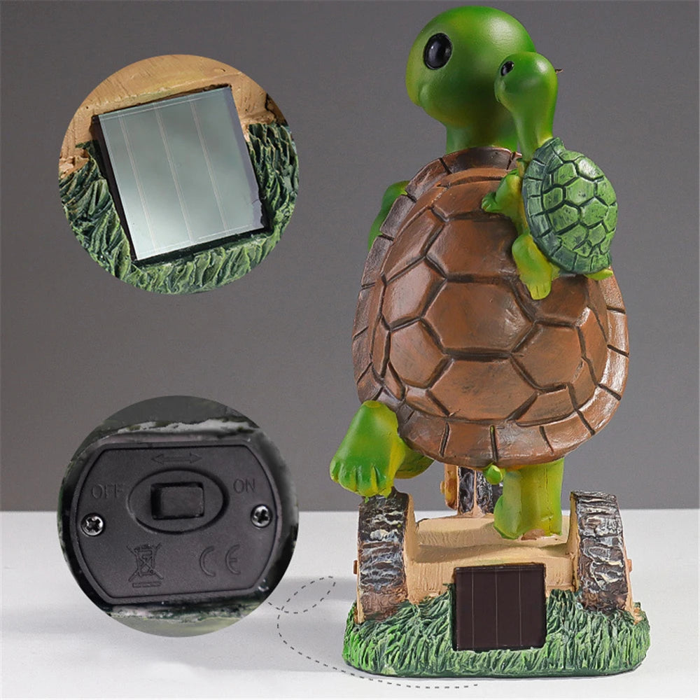 Garden Solar Mother and Son Turtle Riding LED Ornaments Yard Gardening Simulation Animal Sculpture Decoration Home Decor Statues