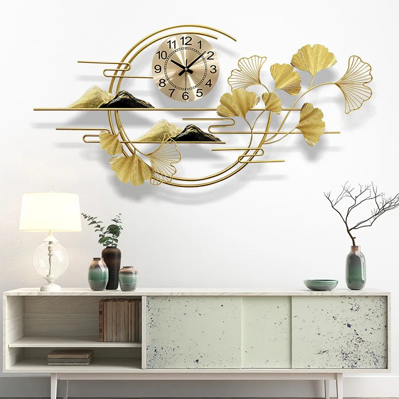 Living room decoration clock wall modern light luxury dining table sofa background mural