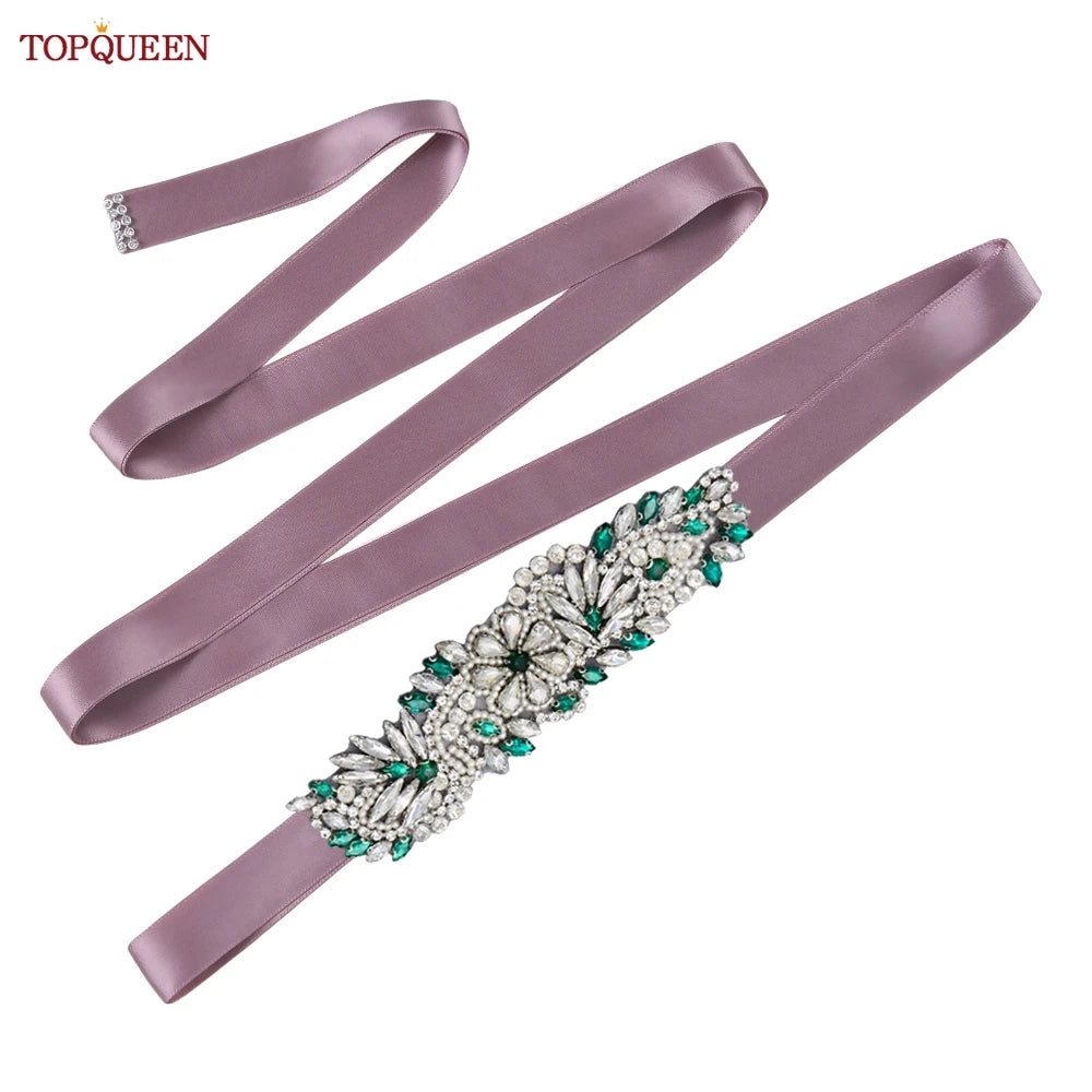 TOPQUEEN S22 Bride Rhinestone Belt Shiny Wedding Accessories Party Woman Emerald Belts Jewelry Wedding Dress Decoration Sash