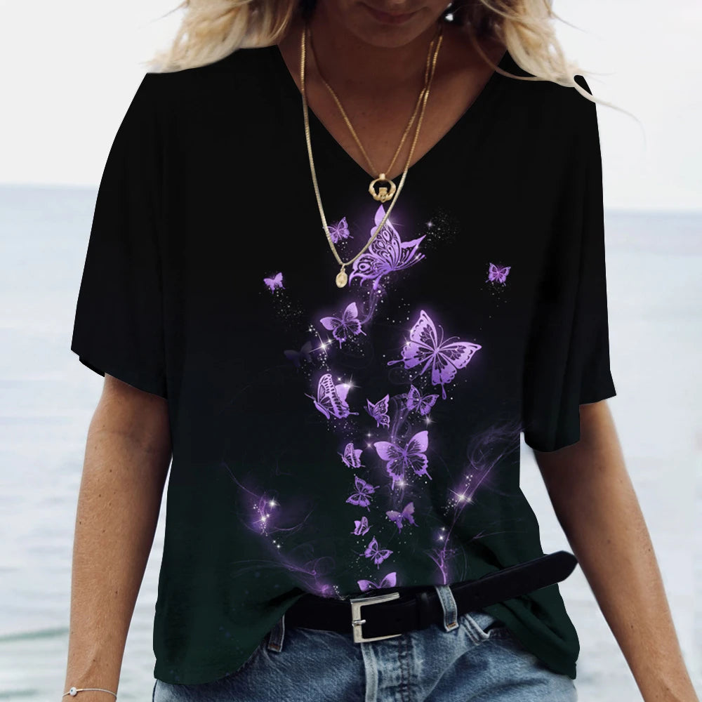 Butterfly Printed Women's T-Shirt clothes 3D V-Neck Cotton Fashion Short Sleeve Tops 2025 Casual Basic Girl's Clothing Harajuku Clothes