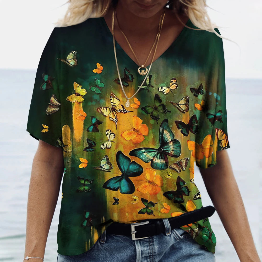 Butterfly Printed Women's T-Shirt clothes 3D V-Neck Cotton Fashion Short Sleeve Tops 2025 Casual Basic Girl's Clothing Harajuku Clothes