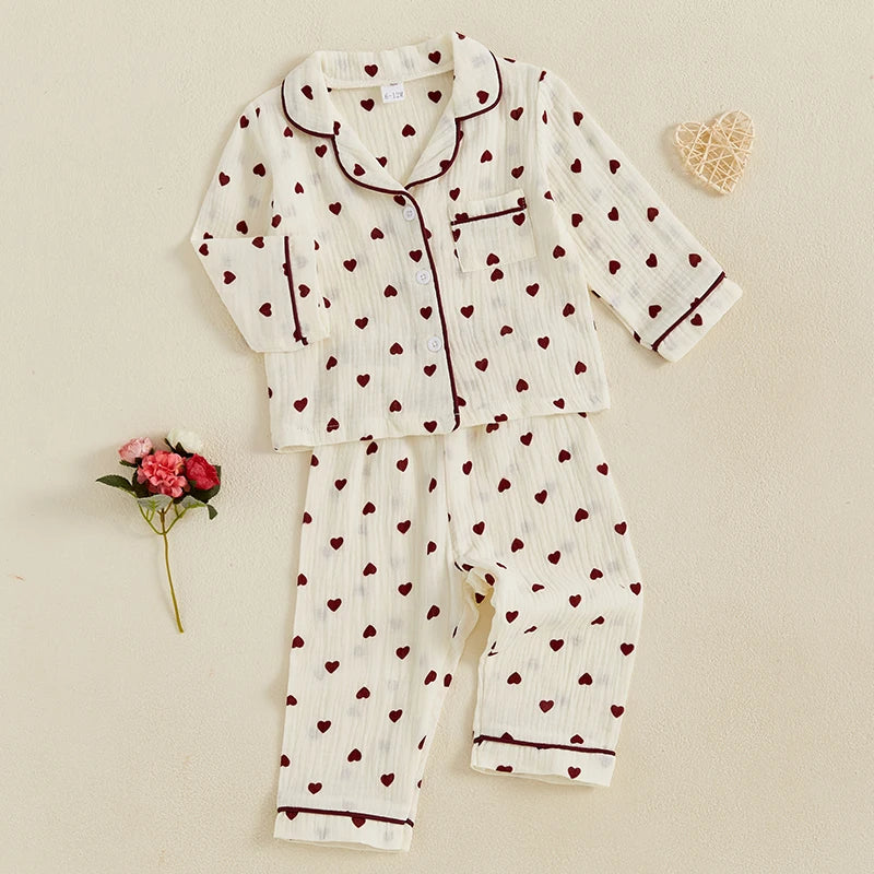 Kids Girls Valentine s Day Pajamas Heart Print Long Sleeves Shirt and Elastic Pants for Loungewear Sleepwear
