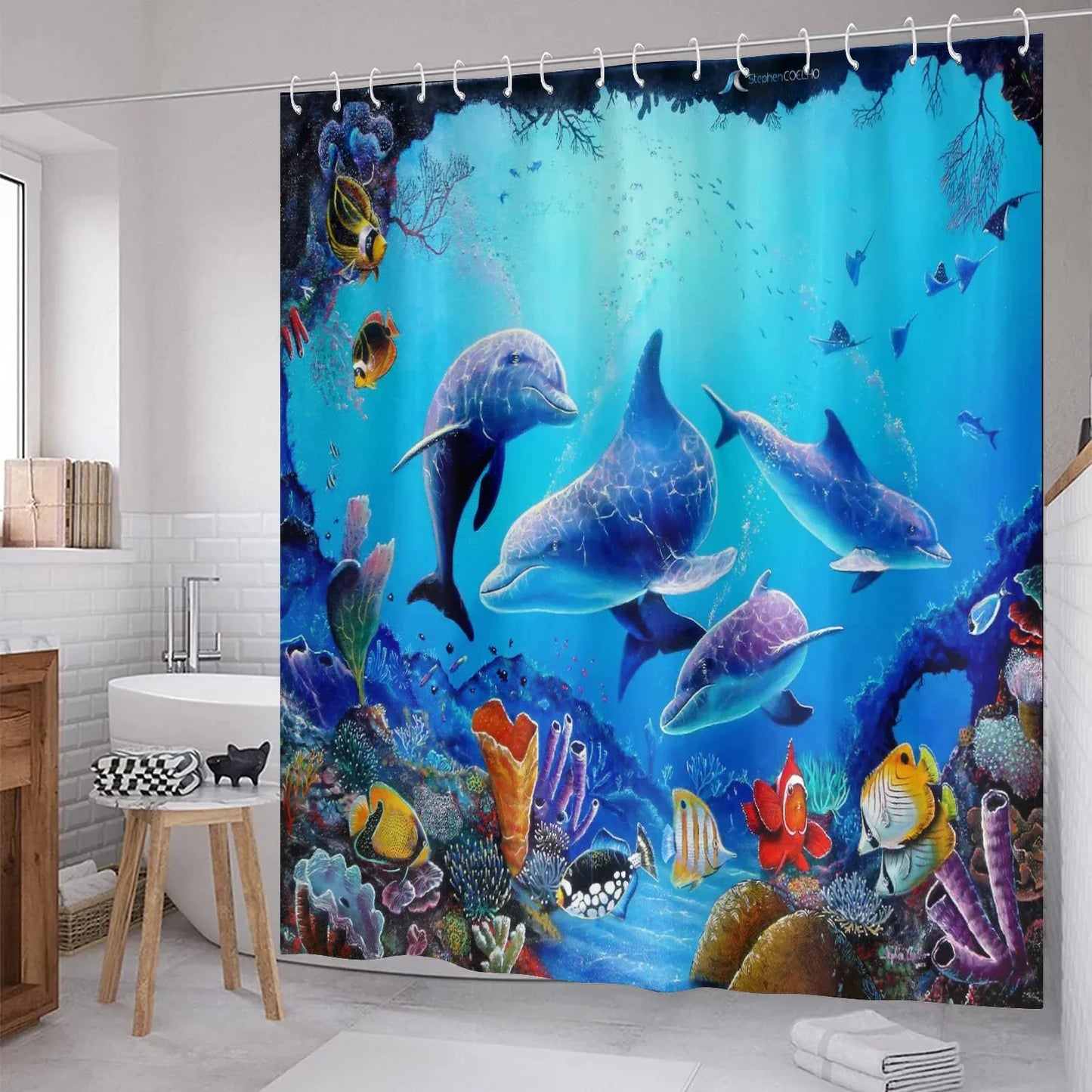3D Ocean Design Dolphin Waterproof Fabric Bathroom Curtain Blue Shower Curtains Set Anti-skid Rugs Toilet Lid Cover Bath Mat