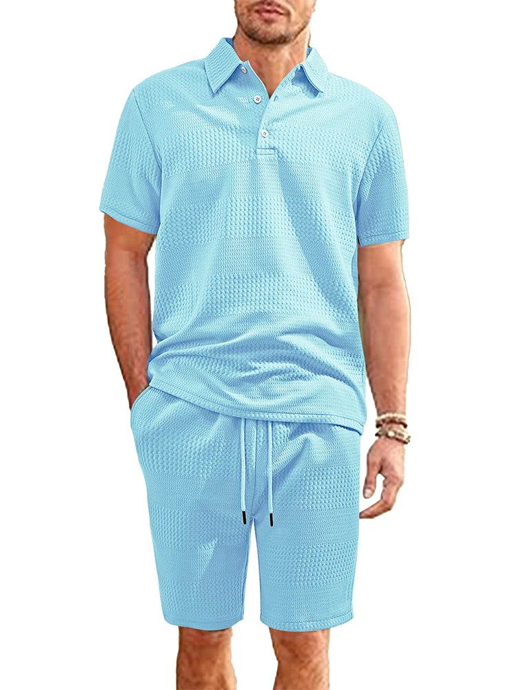 Fashion Textured Jacquard Two Piece Suits For Mens 2025 Summer Casual Solid Color Loose Polo Shirts And Shorts Outfits Men Sets