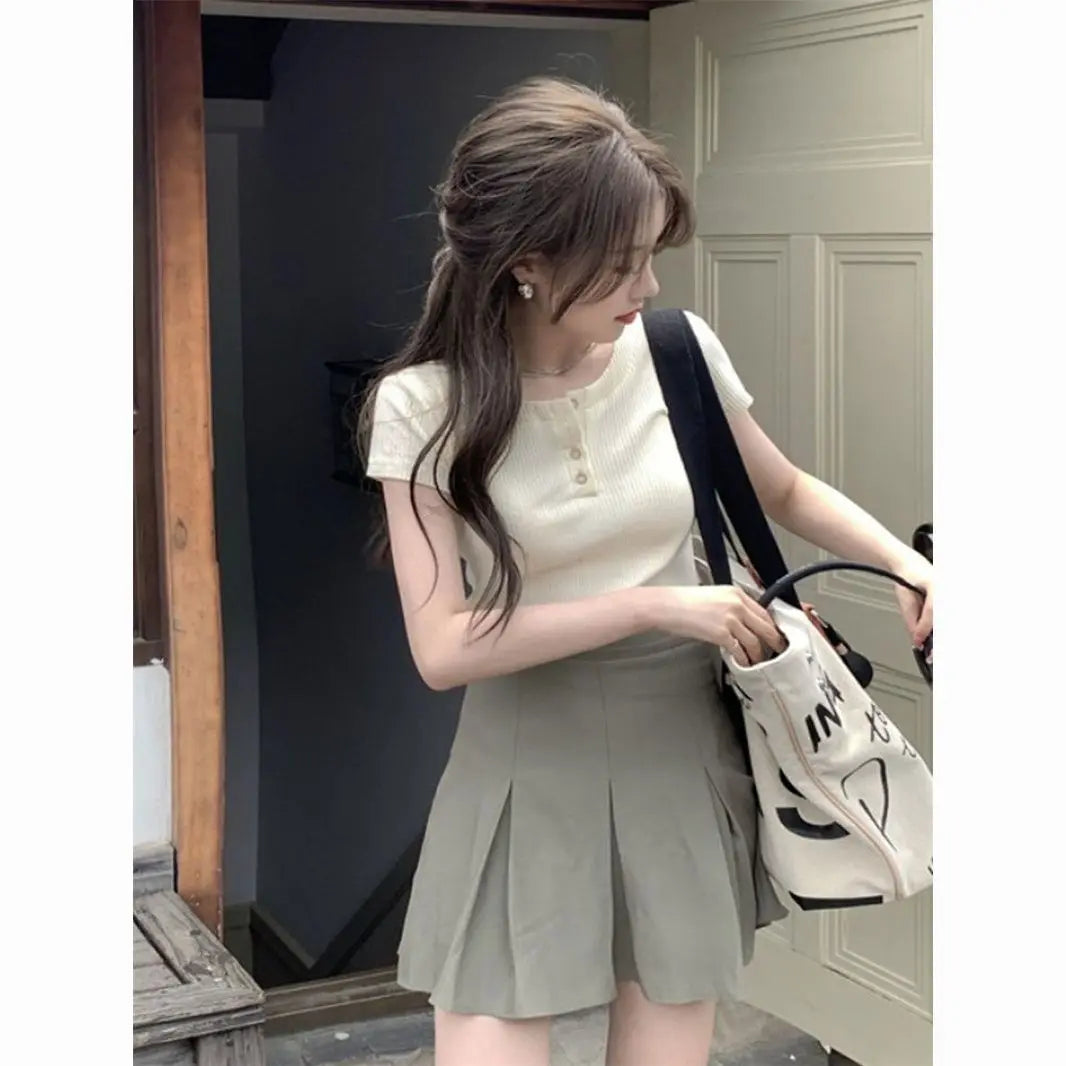 Summer Sweet Salt Wear Petite Imperial Sister Ageing Casual Fashion College Style Top Half-body Skirt Two-piece Suit clothes