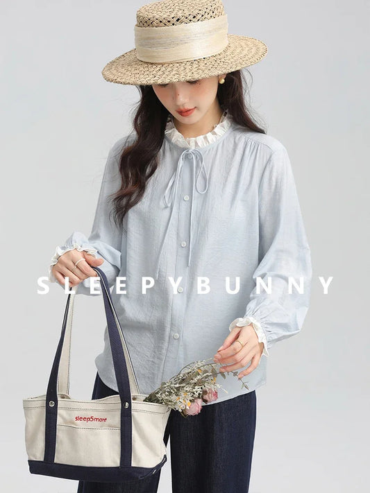 Spring Women Blue Ruffle Trim Long Sleeve Shirt French Vintage Style Loose Fit Blouse Elegant and Chic Top for Petite Frames clothes