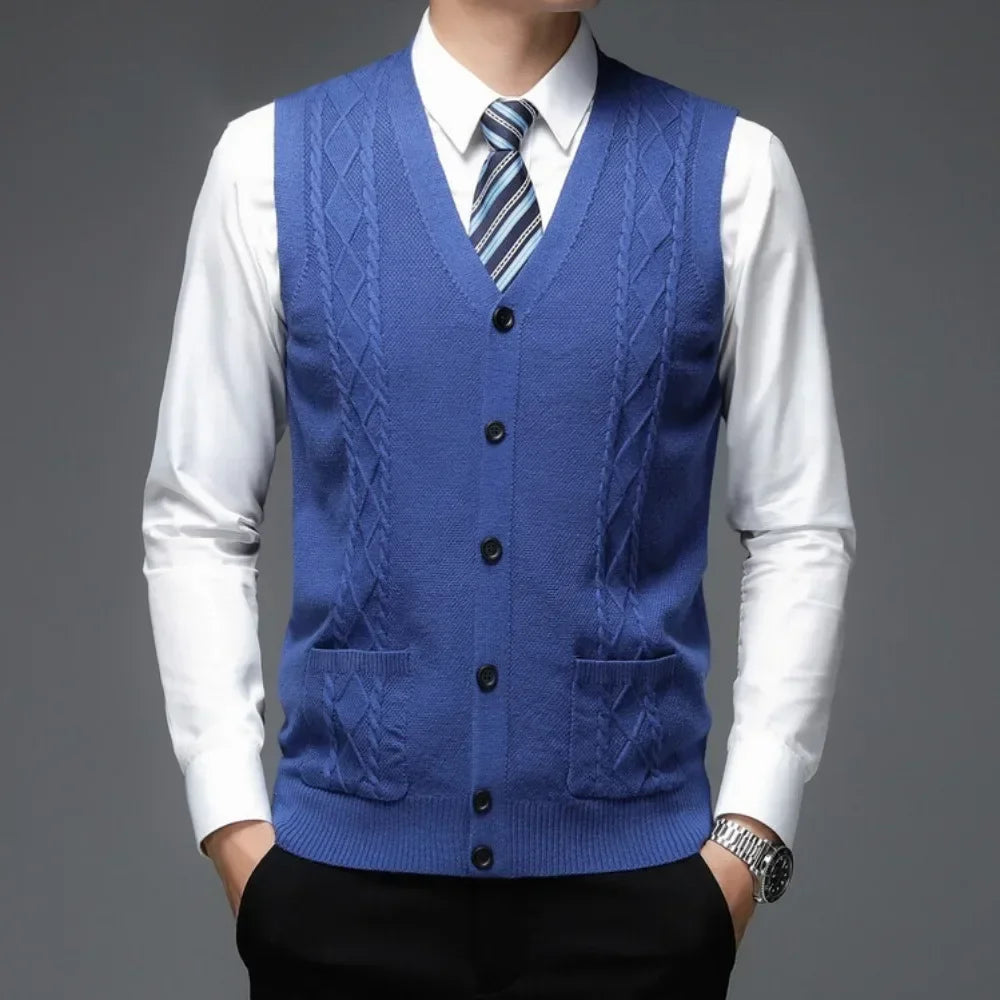 Men's Business Casual Pullover Wear Warm Sleeveless  Velvet Knitted Sweater Vest Tops