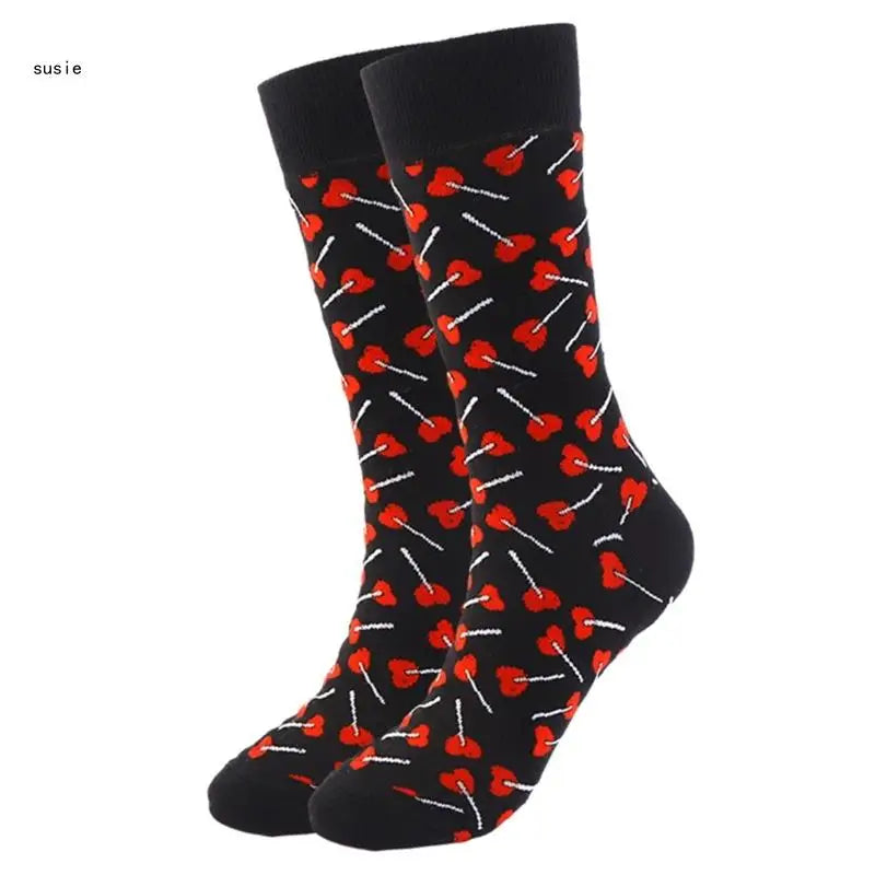 Cotton Middle Calf Socks for Him and Her Heart Lips Pattern for Valentines Day X7YA