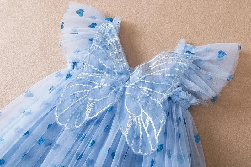 2024 Kinderkleid Mädchen Sommerkleid mit Schmetterlingsflügeln Blumenmuster Puffärmel Tanzperformance Tutu Mesh Prinzessin Kleid Kleidung 
