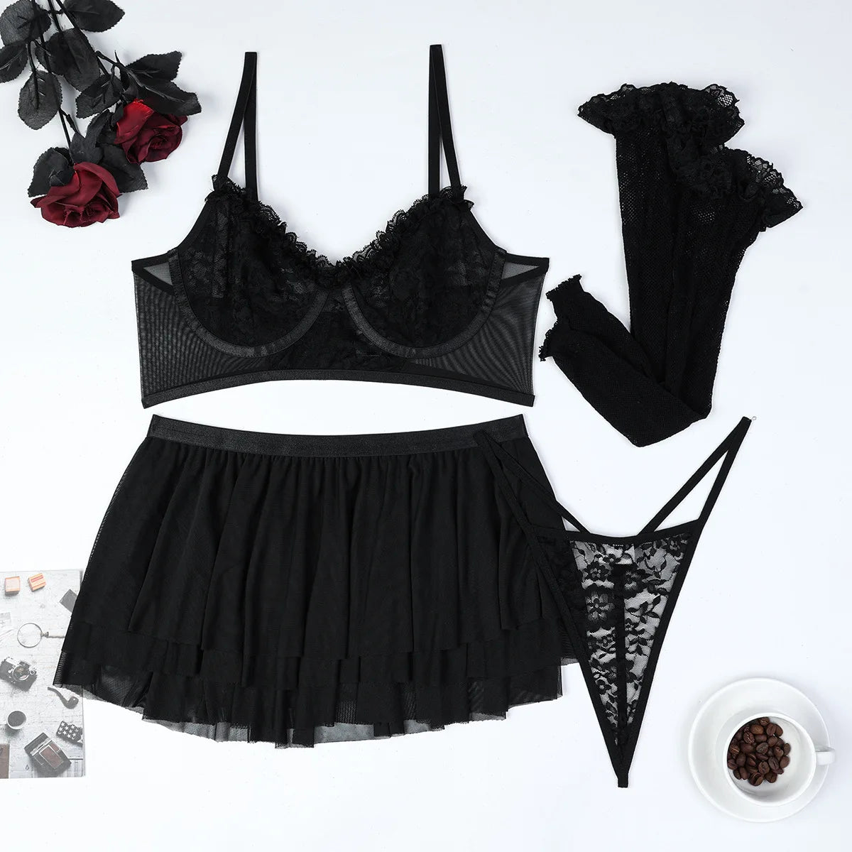 Sensual Lingerie Women Fancy Push Up Bra Underwear with Stocking Transparent Skirt Intimate Exotic Sets Fairy Luxury Lace Goods