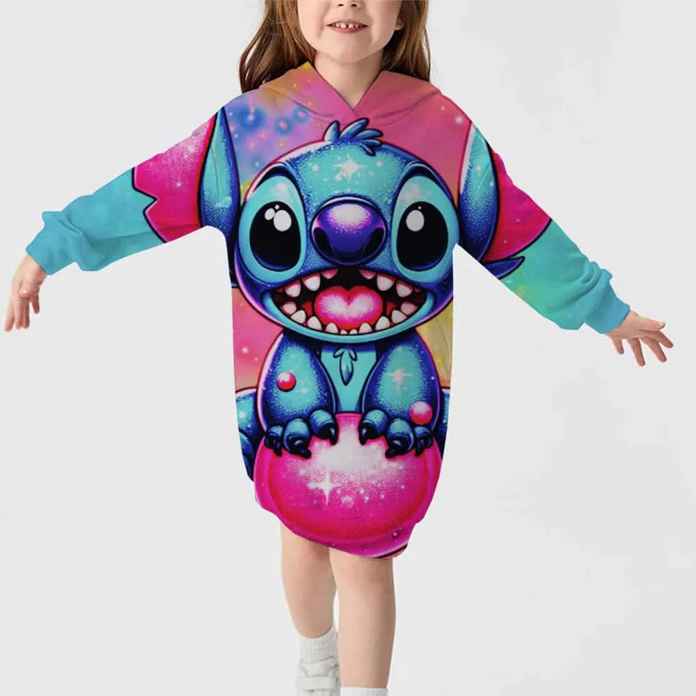 2024 neuer Disney-Stichmuster-Kapuzenrock für Herbst und Winter für Mädchen, süßes, bequemes Langarm-Kapuzenpulloverkleid 