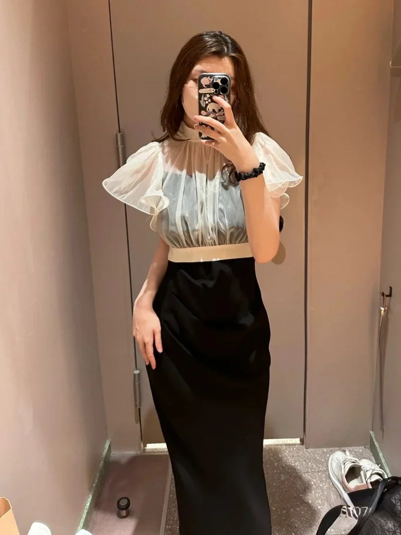 Neploe Ruffled Perspective Top+pleated Slim Waist Strap Dress Japanese 2024 Summer Conjunto Femenino Womens Two Peice Sets
