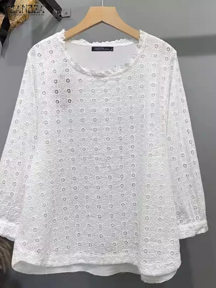 ZANZEA Women Hollow Embroidery Tops 2025 Spring Solid Blouse Vintage 3/4 Sleeve Cotton Blusas Female Daily Wear Clothes Oversize