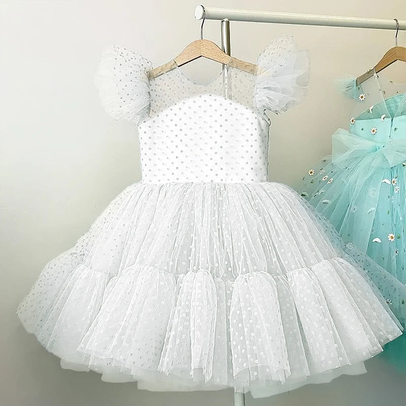 Summer Dress for Kid Girl Polka Dots Pink Mesh Dresses Flower Girls Wedding Tutu Fluffy Vestidos Princess Birthday Party Gown