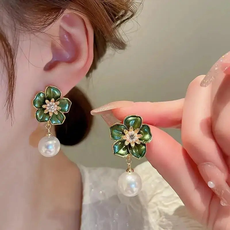 925 Silver Needle Korean Vintage Oil Painting Pearl Flower Earrings For Women Jewelry 2024 Trending New Luxury Women's Earrings