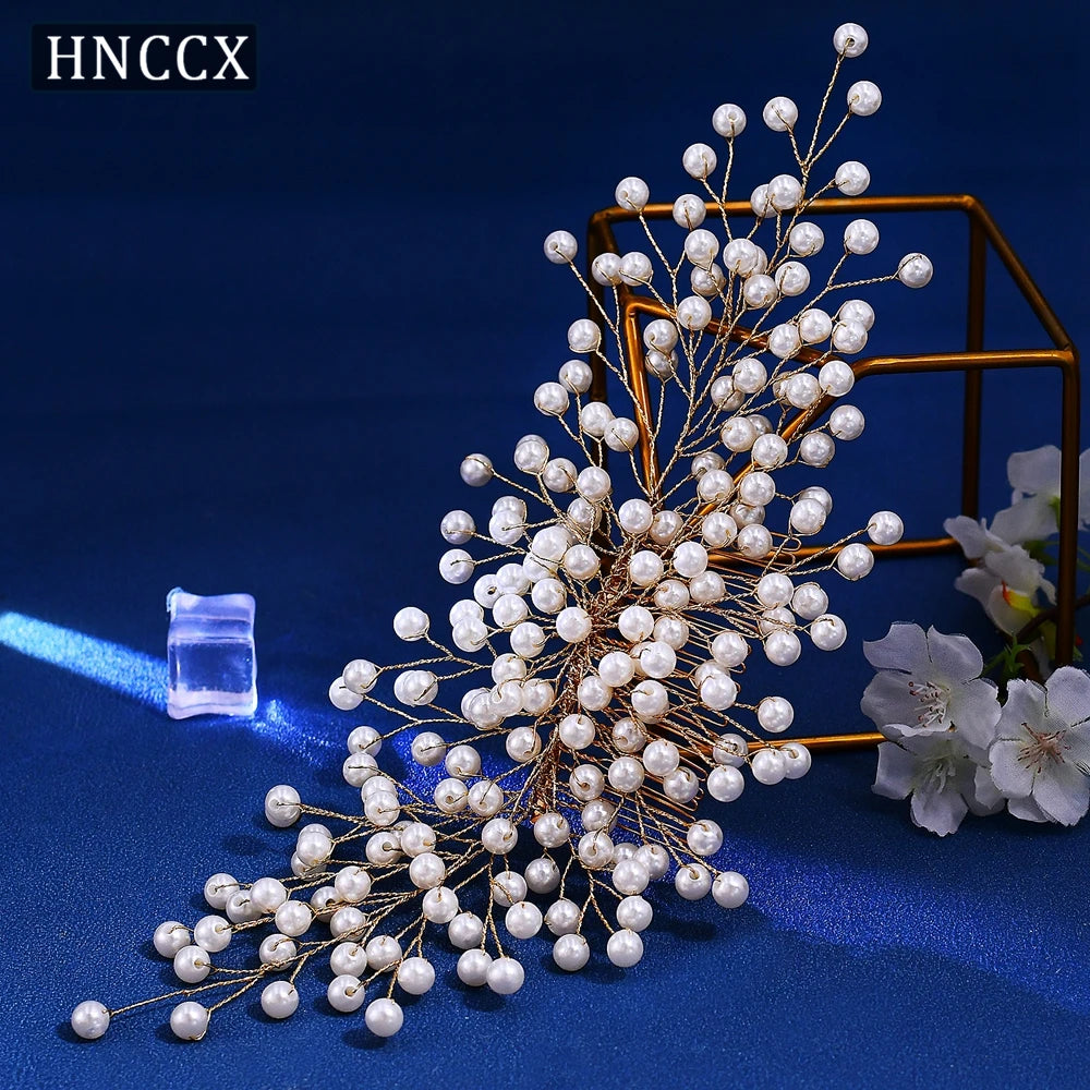 HNCCX Luxury Full Pearl Bride Golden Color Hair Comb Wedding Headband Elegant Women Weddiing Party Hair Accessories CP754