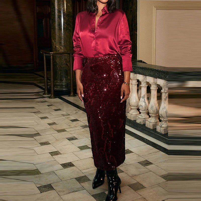 2025 Fashion Temperament Party Suits Elegant Lapel Button Shirts & Sequin Skirt Sets Women Casual Long Sleeve Solid 2Pc Outfits