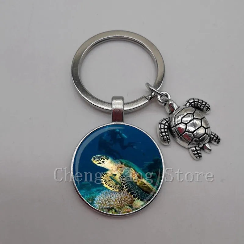 Marine life jewelry turtle dolphin shell keychain key ring glass convex round keychain charm turtle pendant Christmas gift