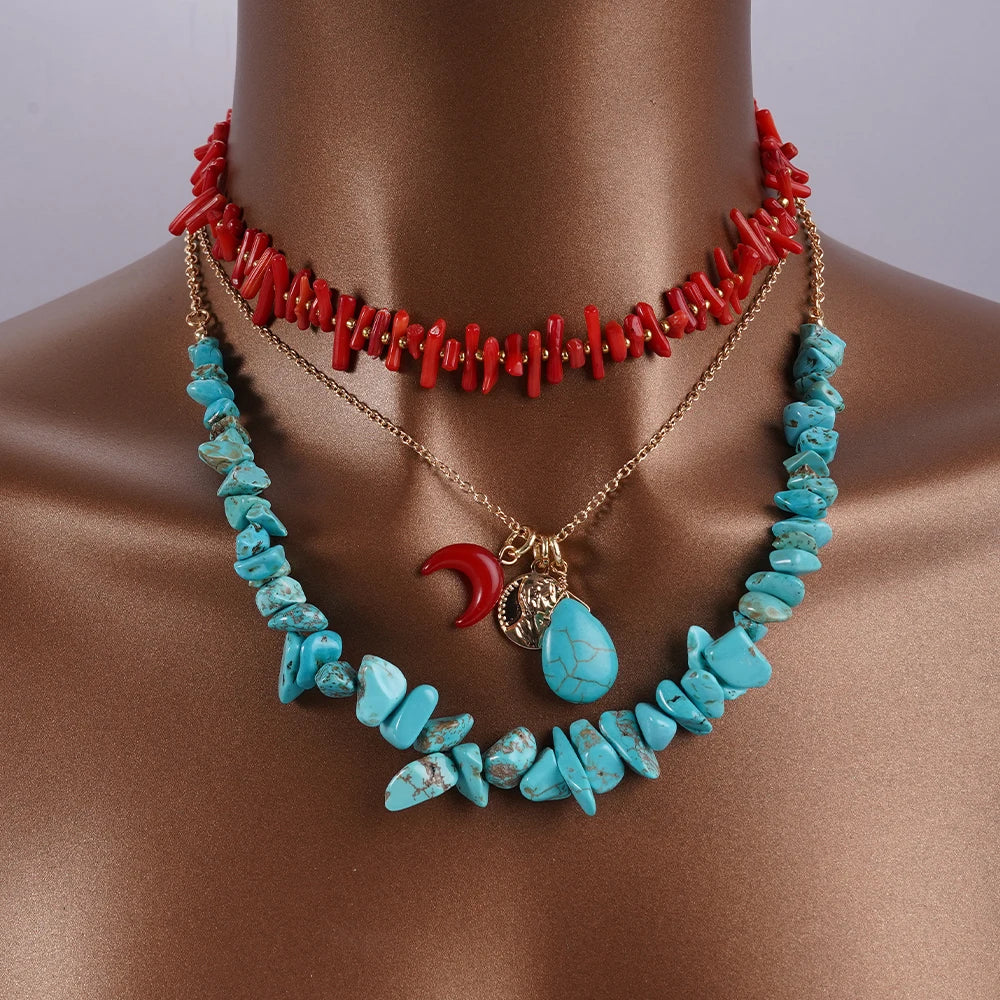 Bohemian Irregular Natural Stone And Coral Necklace Set for Spring And Summer With Necklace And Accessories For Women