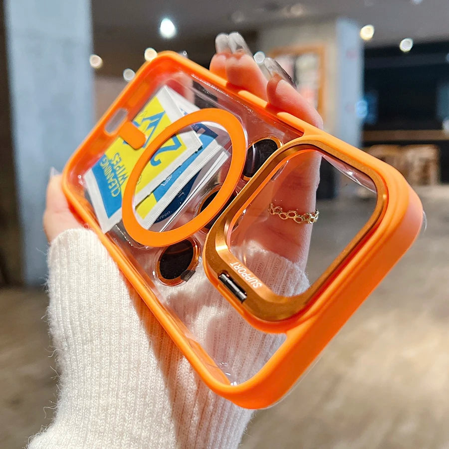 Luxuriöse, magnetische, stoßfeste Telefonhülle für iPhone 15 16 14 13 12 11 Pro Max für Magsafe Funda Standglaslinsenschutzabdeckung 