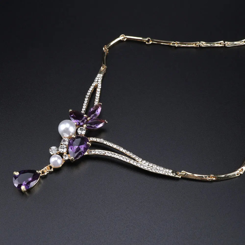 Luxury Dubai Jewelry Sets Purple Crystal Necklace Earrings Set for Women Bridal Jewelry set Accessories Gifts