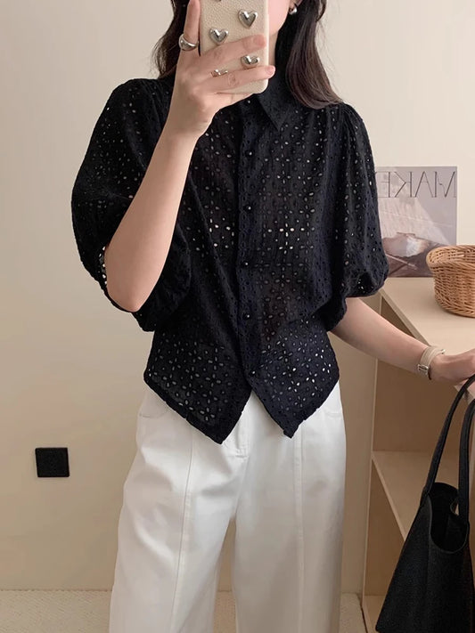 Korejpaa Korean Fashion Woman Shirt Vintage Clothes 2025 Spring Turn-down Collar Hollow Out Embroidery Jacquard White Shirts