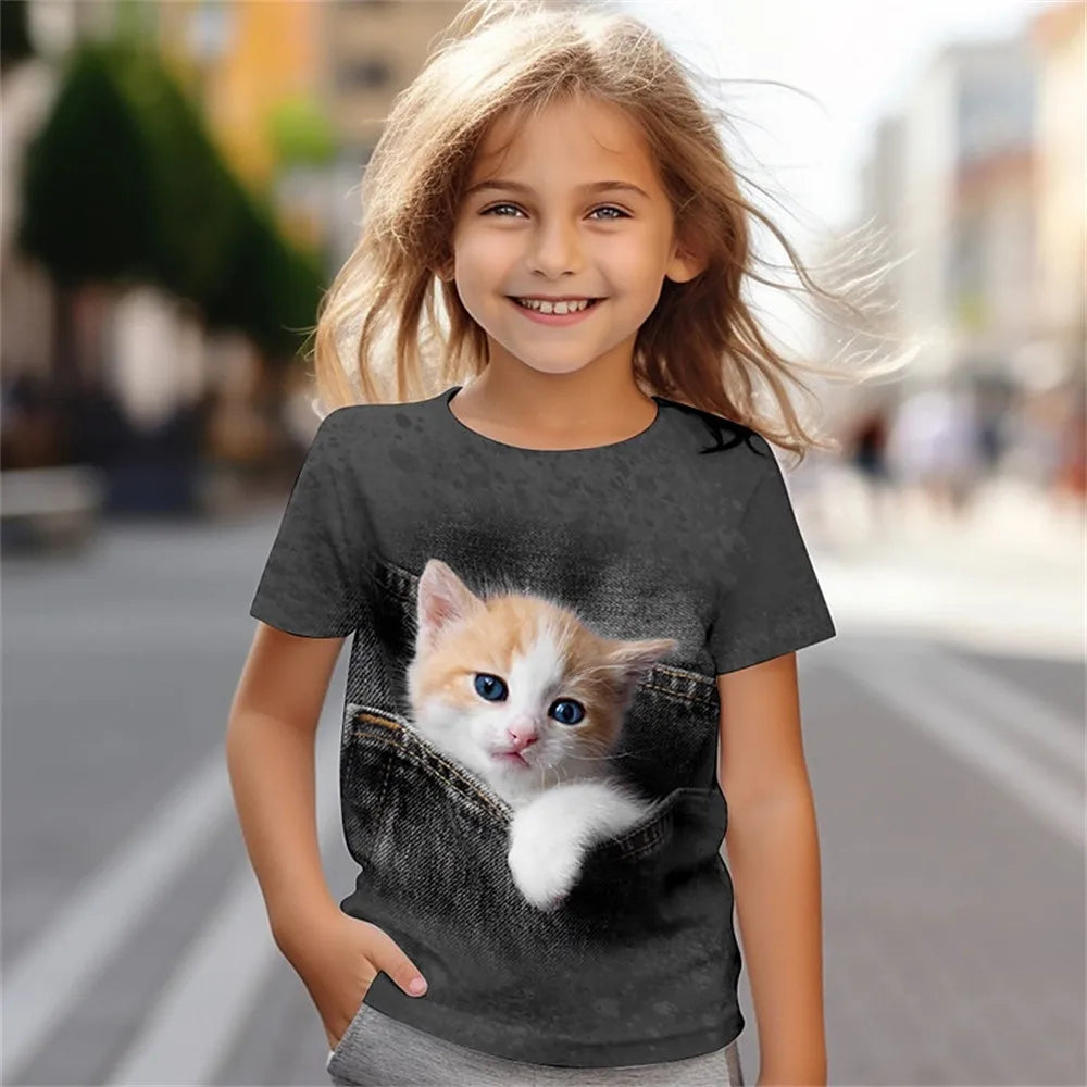 Kinderkleidung für Mädchen, T-Shirt mit 3D-Katzen-Print, kurzärmelig, Kinderkleidung, modische Kostüme für Mädchen, Top im Alter von 2 bis 12 Jahren 