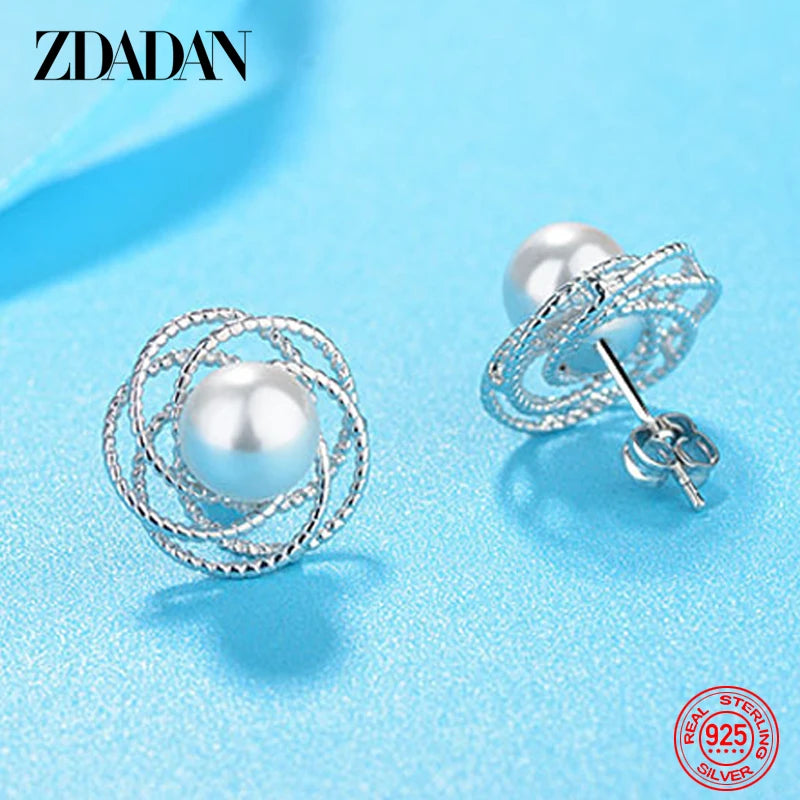ZDADAN 925 Sterling Silver Charm Hollow Flower Pearl Stud Earrings For Women Temperament Engagement Jewelry Party Gift