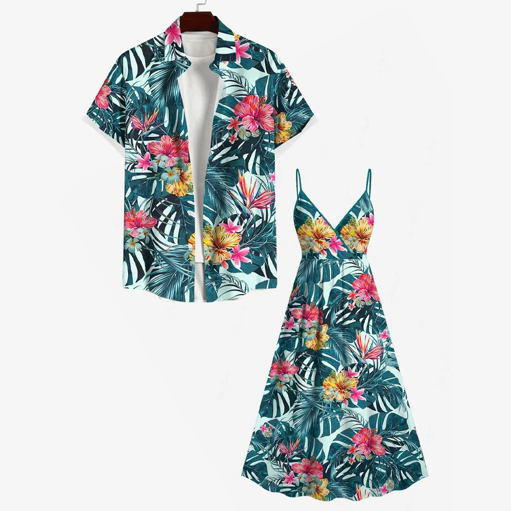 Matching Set Couples Clothes Hawaiian Casual Vacation Outfits, V Neck Women Cami Dress 3D Graphic Print Buttons Shirt For Men