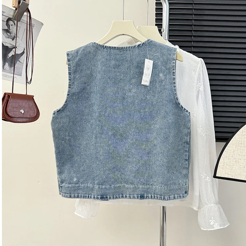 Spring Autumn V-neck Denim Vest Coat Women Korean Style School Ladies Petite Girls Cute Cover-Up Tank Top Jacket