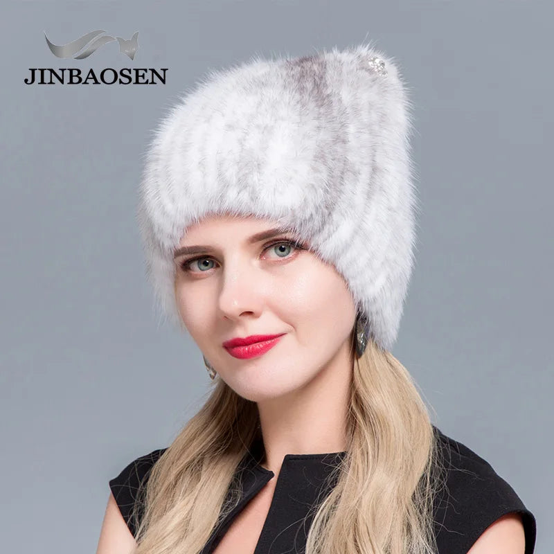 JINBAOSEN Winter Women's Mink Fur Hat Knitted Sweater Hat New Fashion Cat Ears Style European And American Style Ski Caps