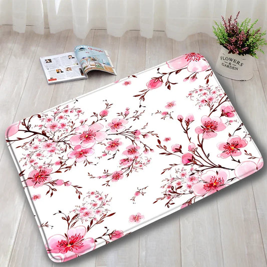 Pink cherry blossom bath mats 3PCs set plant flowers carpet modern print home bathroom decor door rug anti-slip toilet cover mat home improvement