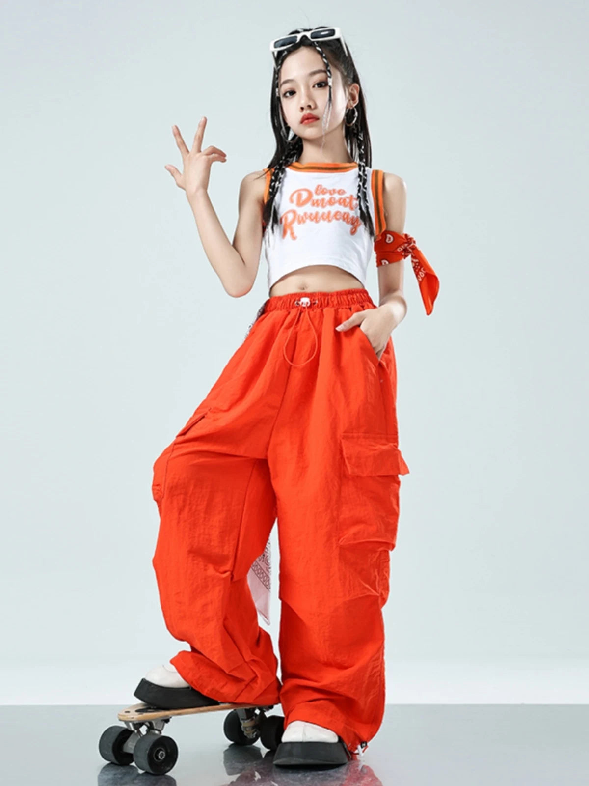 Children Jazz Dance Clothes Girls Summer Navel Vest Orange Pants Hip Hop Outfits Modern Kpop Performance Clothing Rave BL12850