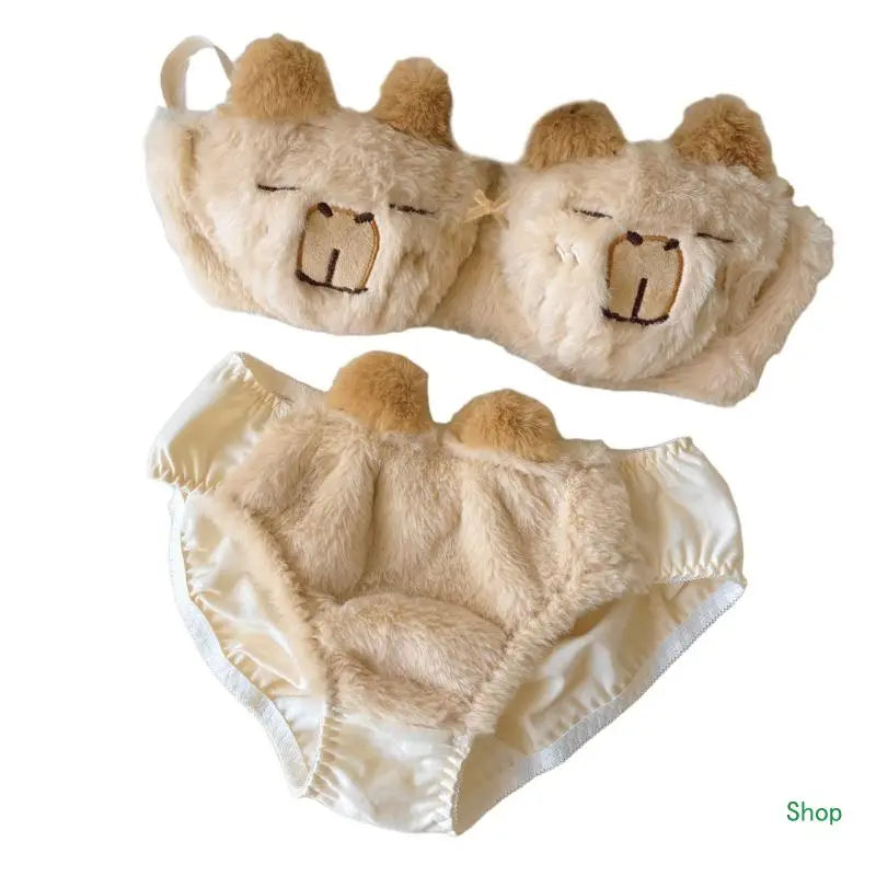 Dropship Women's Anime Capybara Lingerie Plush Bra and Panty Briefs Furry Underwear Set