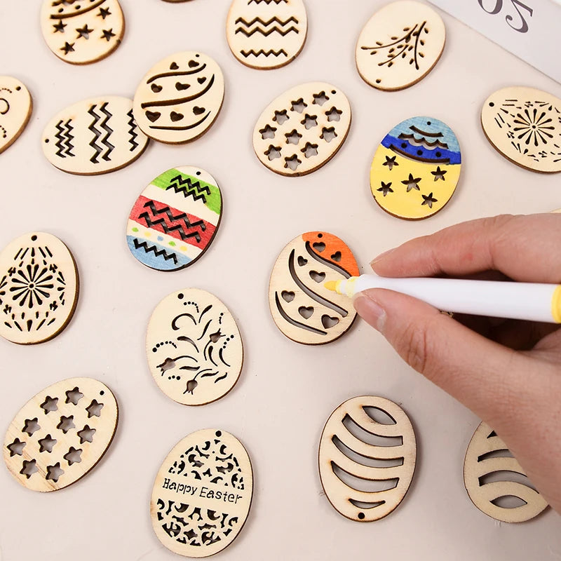 25/50Pcs Easter Eggs Wooden DIY Craft Hanging Ornaments Hollowed Wood Chips Happy Easter Party Decorations For Home Kids Gift