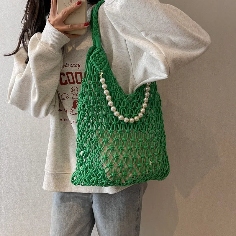 Straw Hobo Beach Bag Designer Luxury Bags Woman 2025 Pearl Purse Woven Tote Handbag Summer Vintage Foldable Handbag for Travel