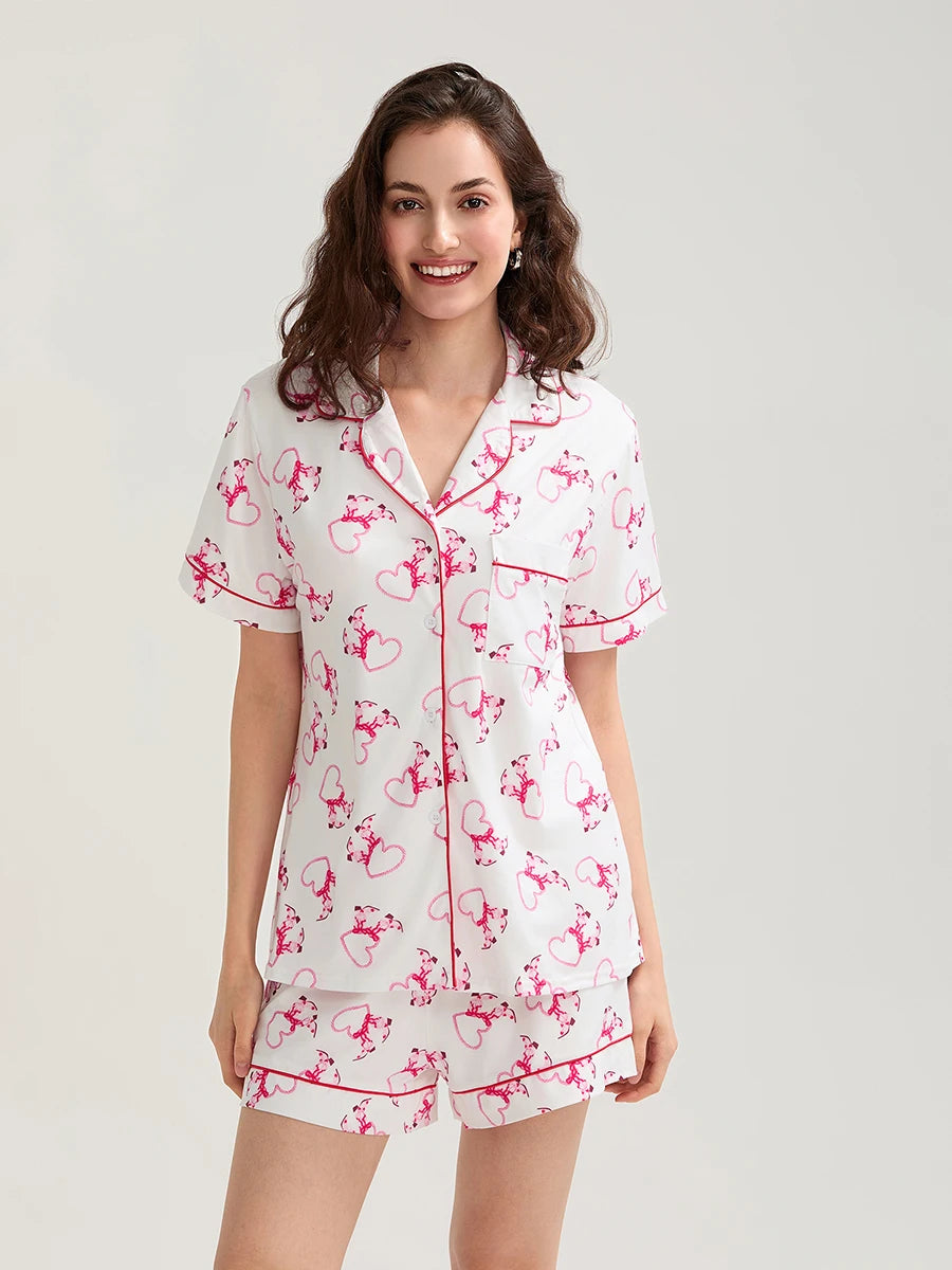 Women s Valentine s Day Lounge Set Short Sleeve Floral Heart Print Shirt Shorts Sleepwear Sets