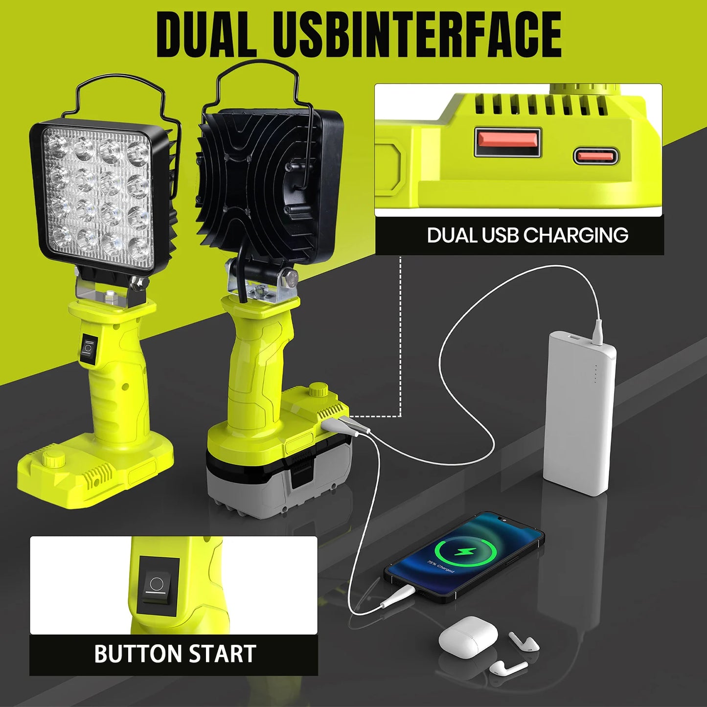 LED-Alarm-Arbeitsleuchte, Taschenlampe, Suchscheinwerfer, Taschenlampe, Scheinwerfer, Campinglampe für Ryobi 18 V Lithium-Nickel One+ Akku P108 