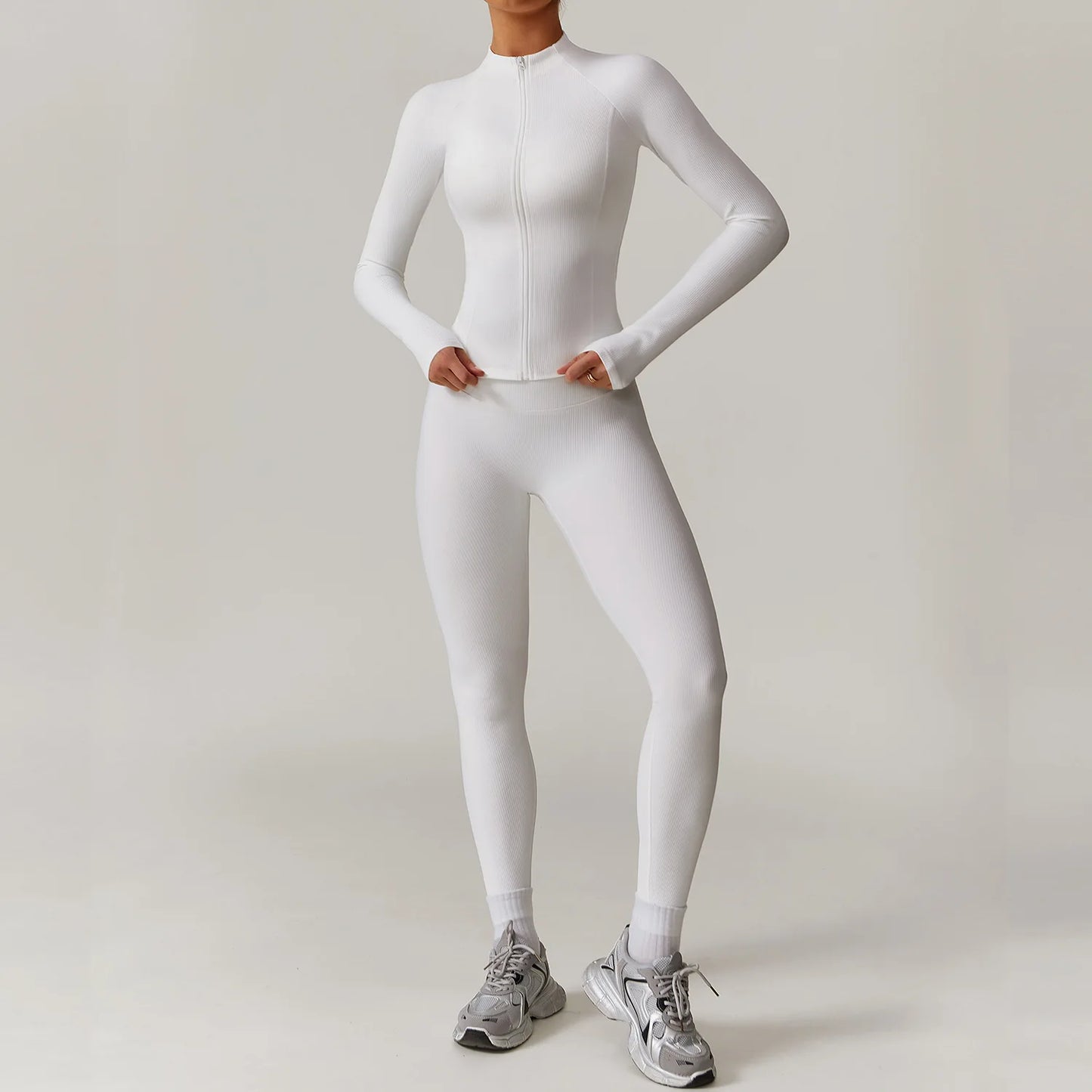 White 2PCS Women Yoga Set Workout Tracksuits Sportswear Gym Clothing Fitness Long Sleeve Jacket Waist Leggings Sports Suit