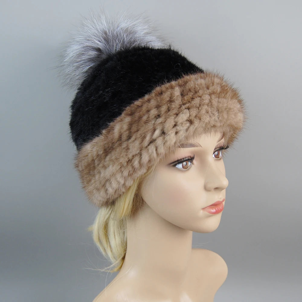 Real Mink Fur Hat For Winter Women Imported Knitted Mink Cap With Fox Fur New Hot Sale High Quality Women Beanies Hat