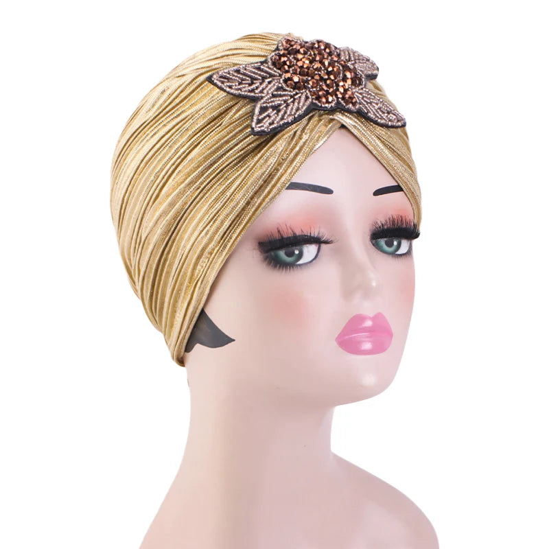 New Rhinestone Flower Turban For Women Elegant Pleated Skull Cap Muslim Hijab Hat Headwraps Elastic Ramadan Beanies Chemo Cap