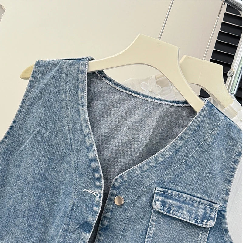 Spring Autumn V-neck Denim Vest Coat Women Korean Style School Ladies Petite Girls Cute Cover-Up Tank Top Jacket