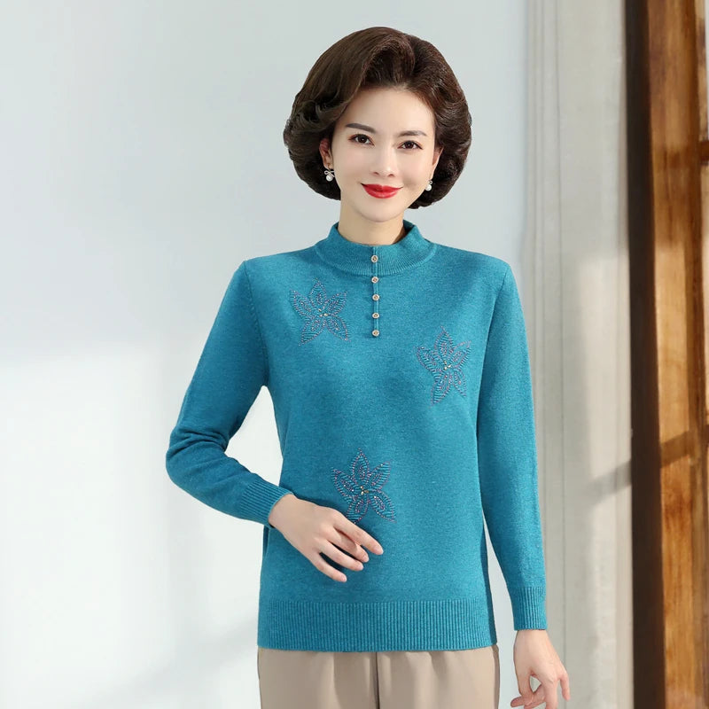 Middle-aged Women's Autumn Sweaters Pullovers V-neck JUmper Hot diamond Knitting Sweater Mother Dress Tops