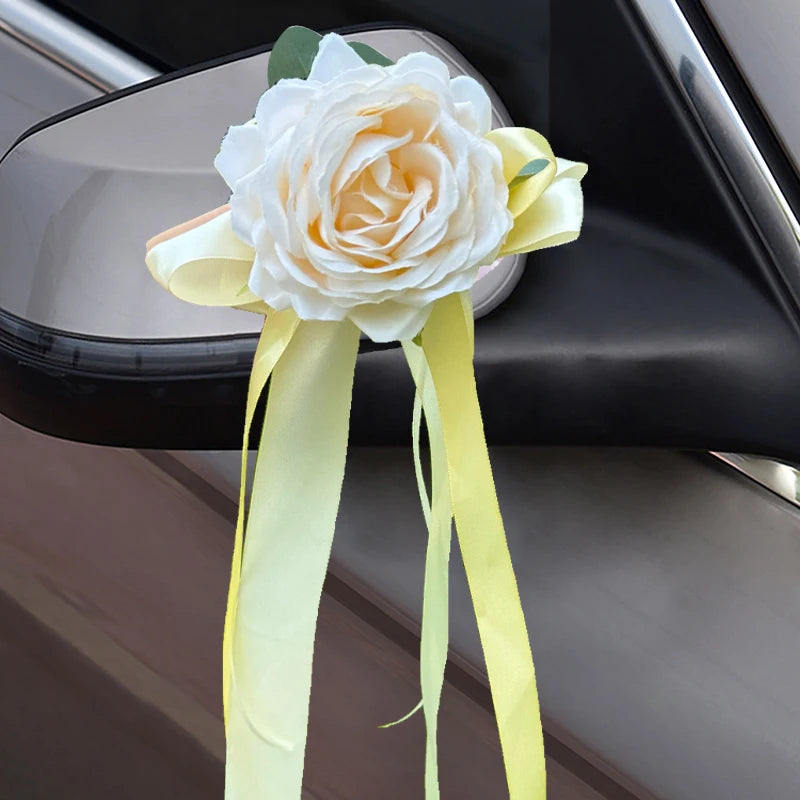 1PC  Wedding Decoration Set Wedding Car Flower Silk Rose Chair Back Flowers Plate Ribbon Bows Set Door Handle Ornament Supplies